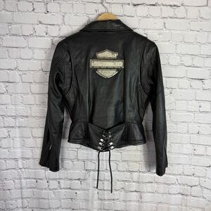 Harley Davidson Womens Leather Motorcycle Jacket Rare Metal Logo Detailing Size